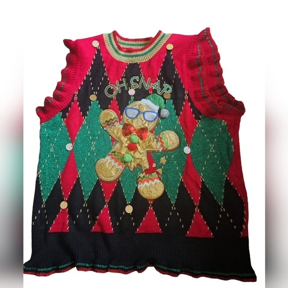 BLIZZARD BAY OH Snap UGLY Christmas sweater argyle Vest ruffled metallic XL - Picture 3 of 7